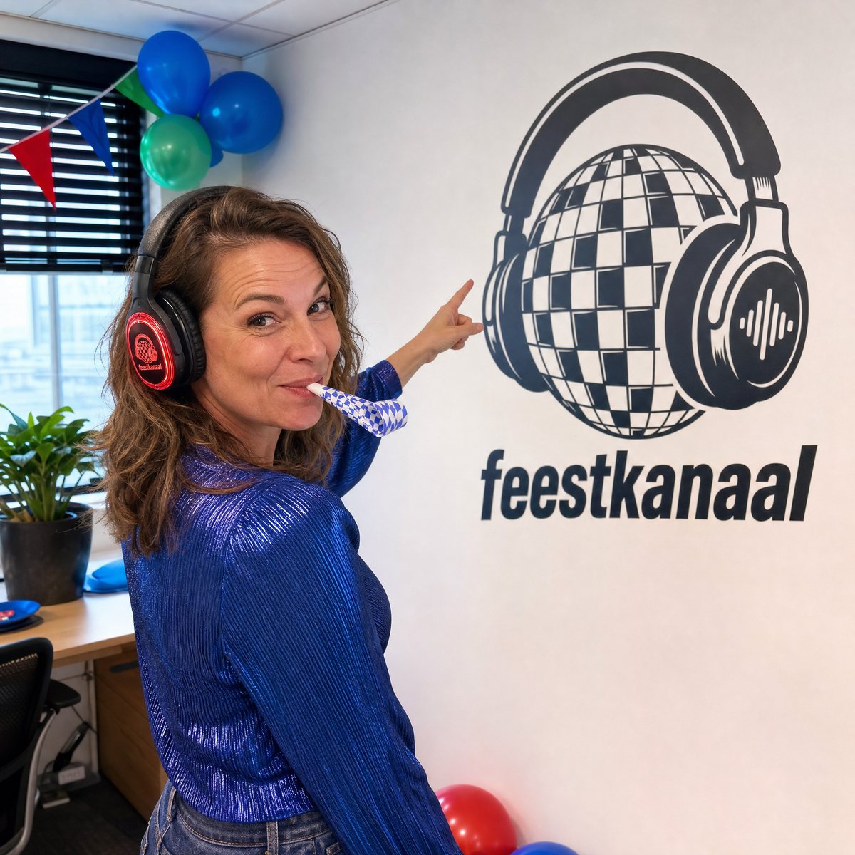 Medewerker van de Feestkanaal-helpdesk achter haar bureau, met koptelefoon op